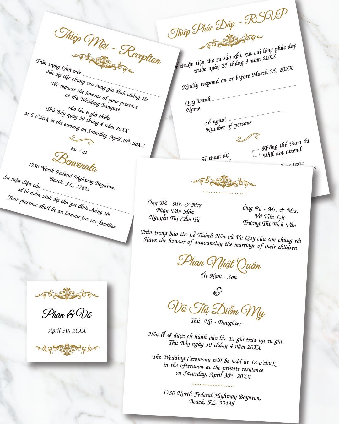 AP Printing - Regal Gold Script Simple Flat 5x7 Wedding Invitation - Custom Printing Services