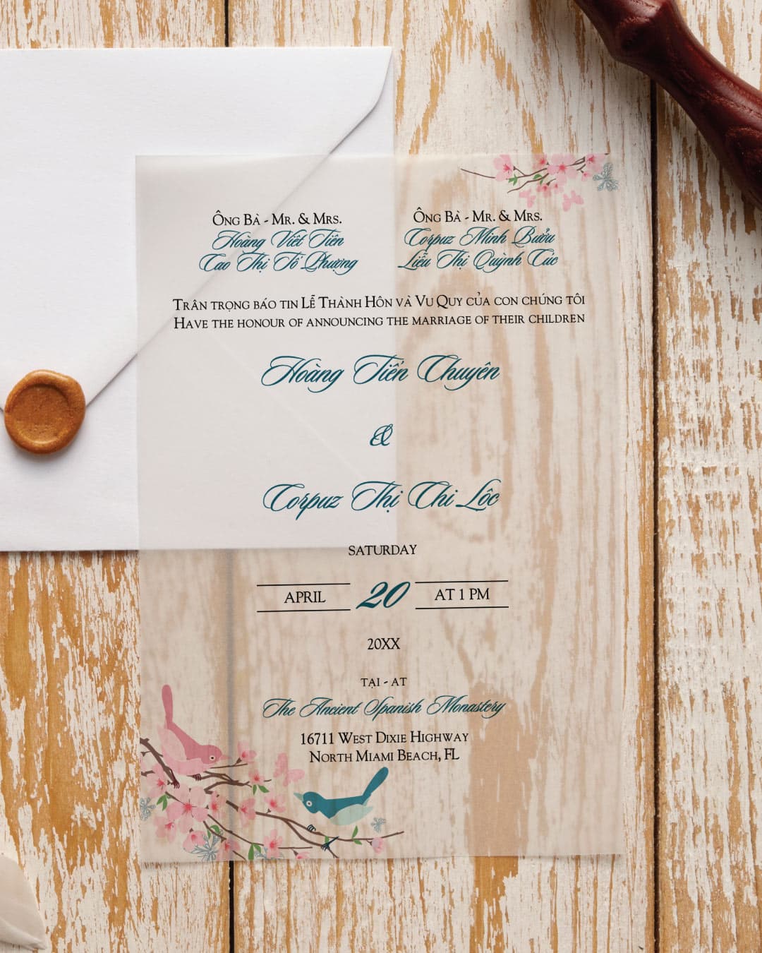 Invitation Birds Vellum Wrapped Vietnamese & English Wedding Invitation