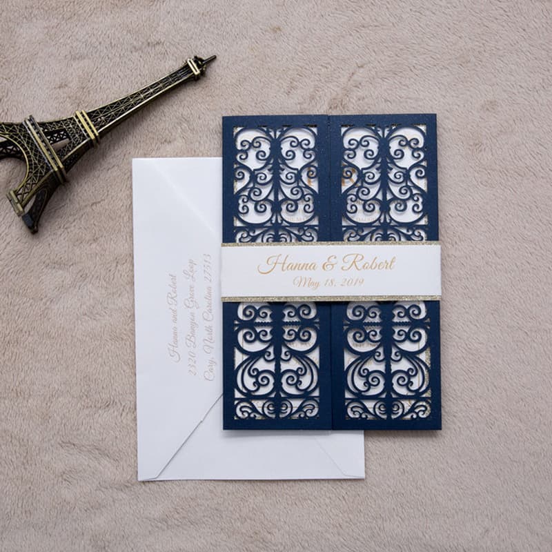 Gold Floral Diamond Drop Laser Cut Wedding Invitation