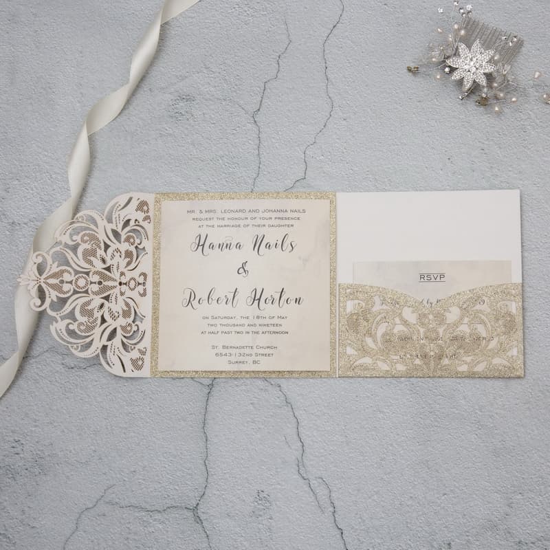 Pearl White Laser Cut Pocket Wedding Invitation