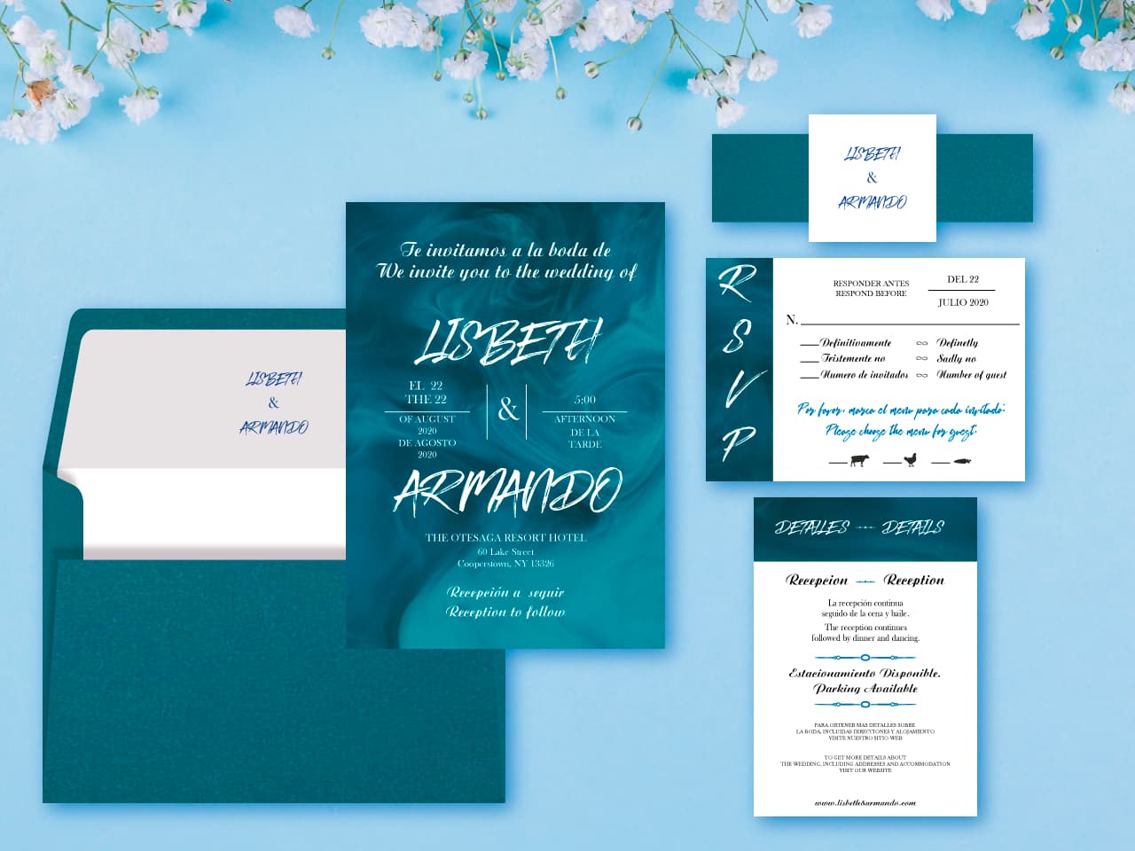 Blue Marble Spanish & English Elegant Wedding Invitation