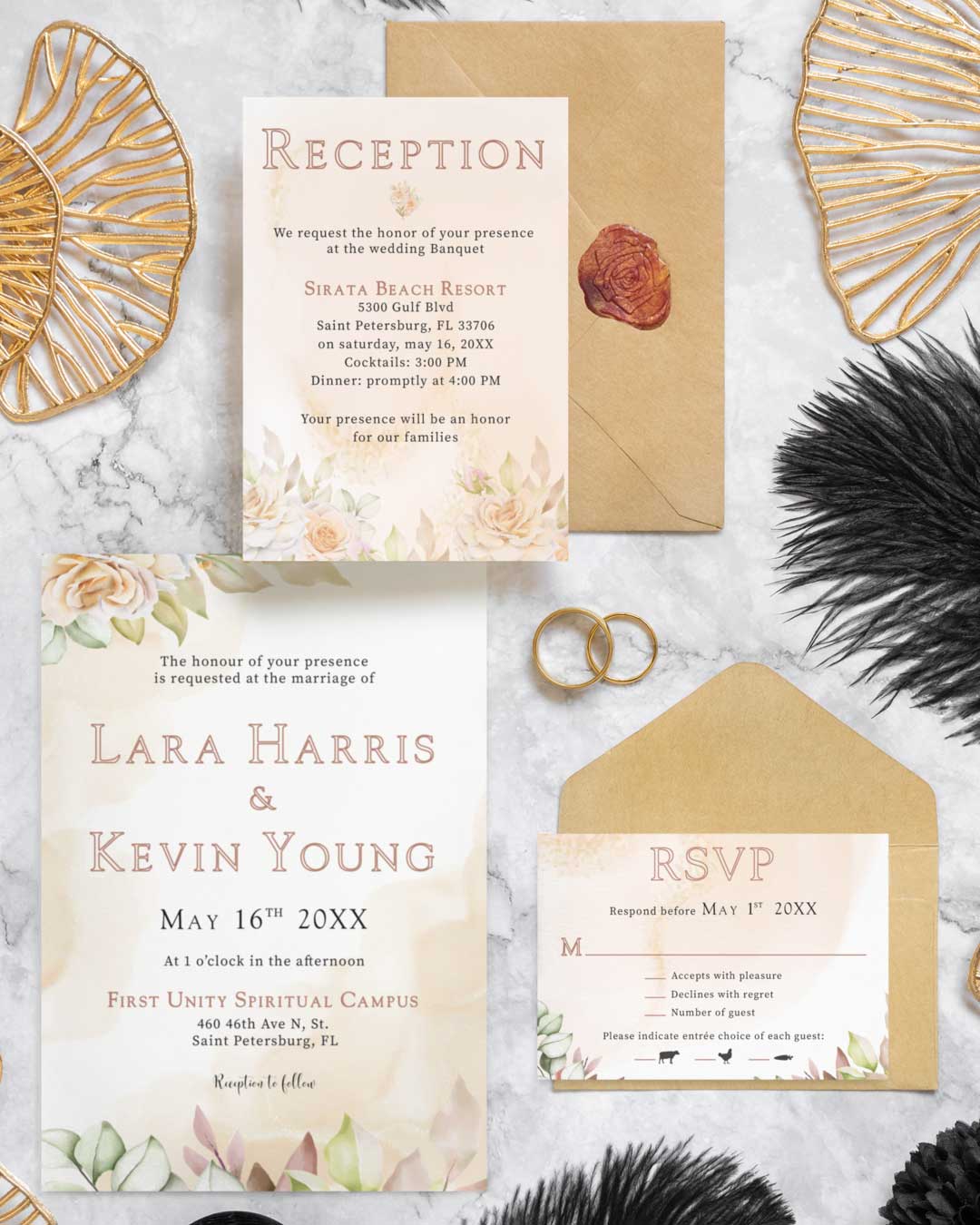 Elegant Brown Leaves Simple Flat 5x7 Wedding Invitation