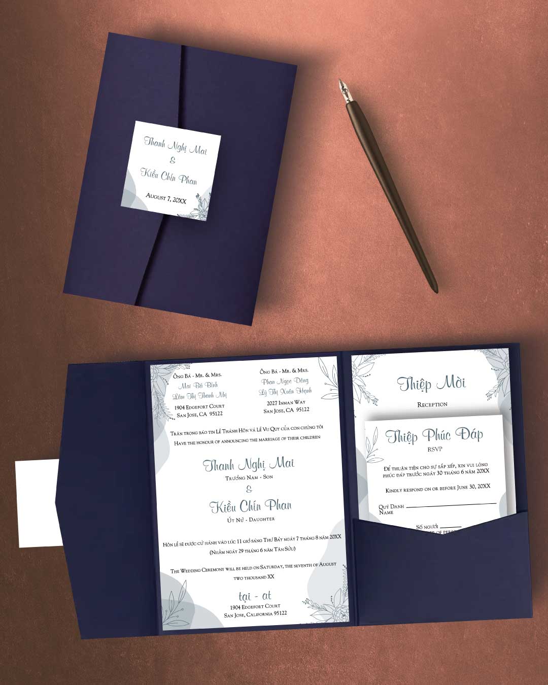 Blue Gray Watercolor A7 Himalaya Pocket Vietnamese & English Wedding Invitation