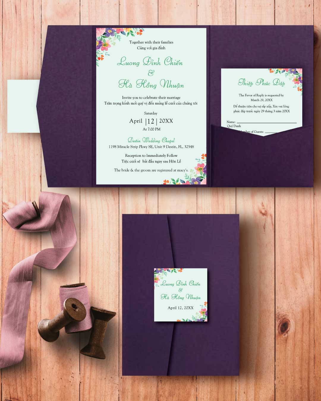 Colorful Garden Design A7 Himalaya Pocket Vietnamese & English Wedding Invitation