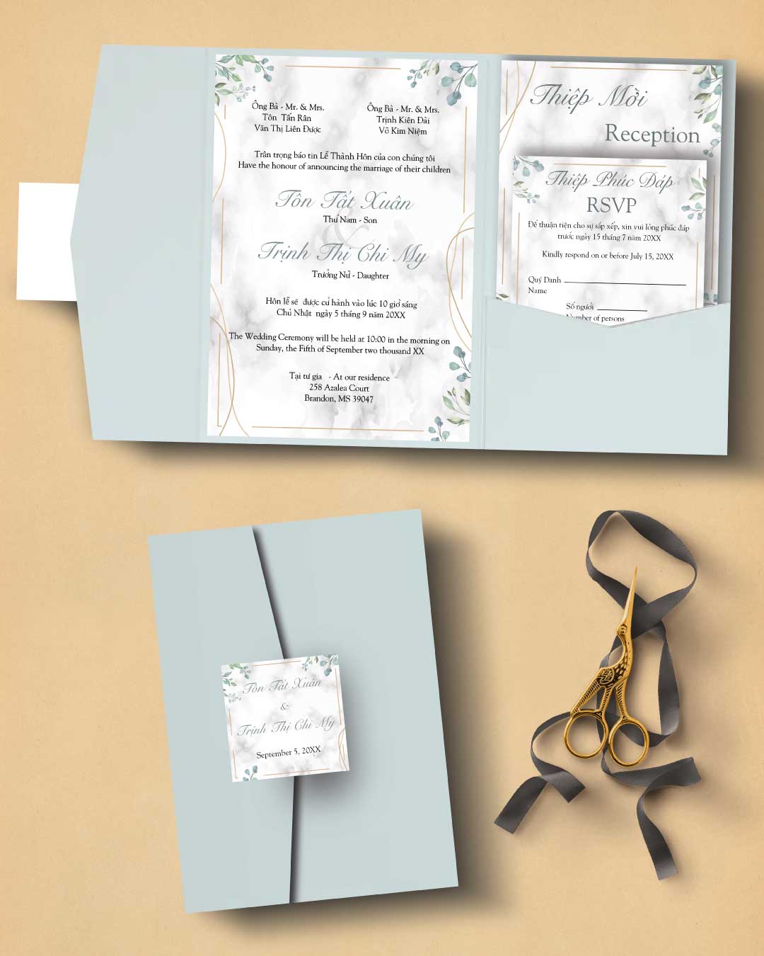 Marble Full Of Leaves A7 Himalaya Pocket Vietnamese & English Wedding Invitation