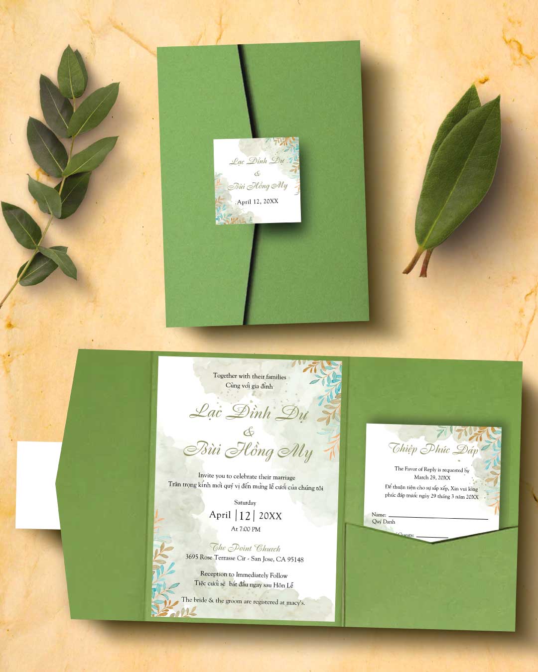 Olive Watercolor Design A7 Himalaya Pocket Vietnamese & English Wedding Invitation
