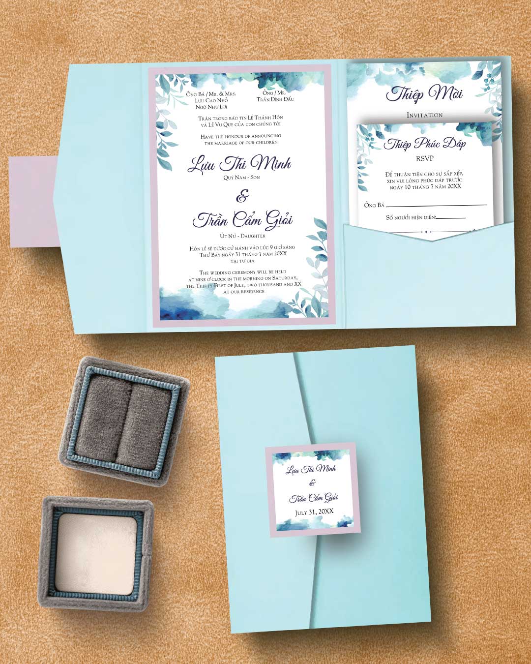 Watercolors Intense Blue A7 Himalaya Pocket Vietnamese & English Wedding Invitation