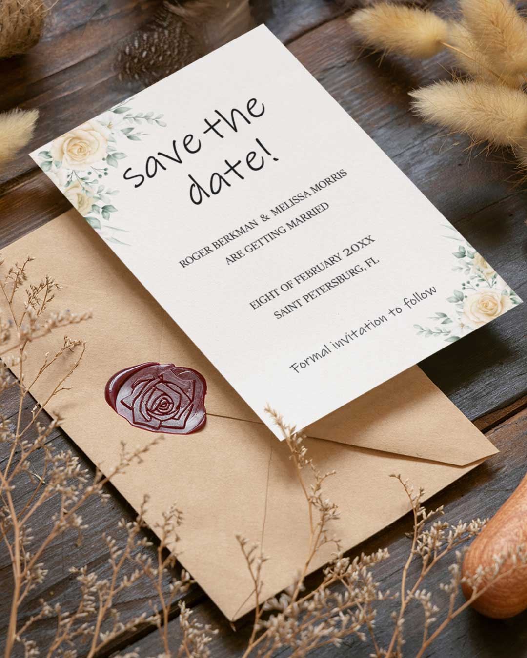 Yellow Roses with Branches Save The Date