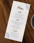Blue Letters And Flowers Wedding Menu Cards