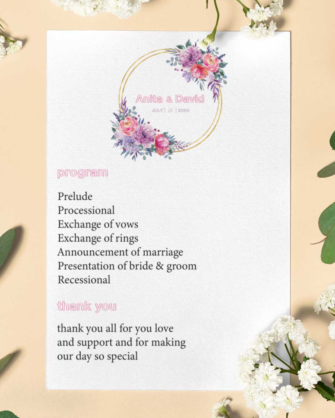 Flower Harmony Wedding Program Cards