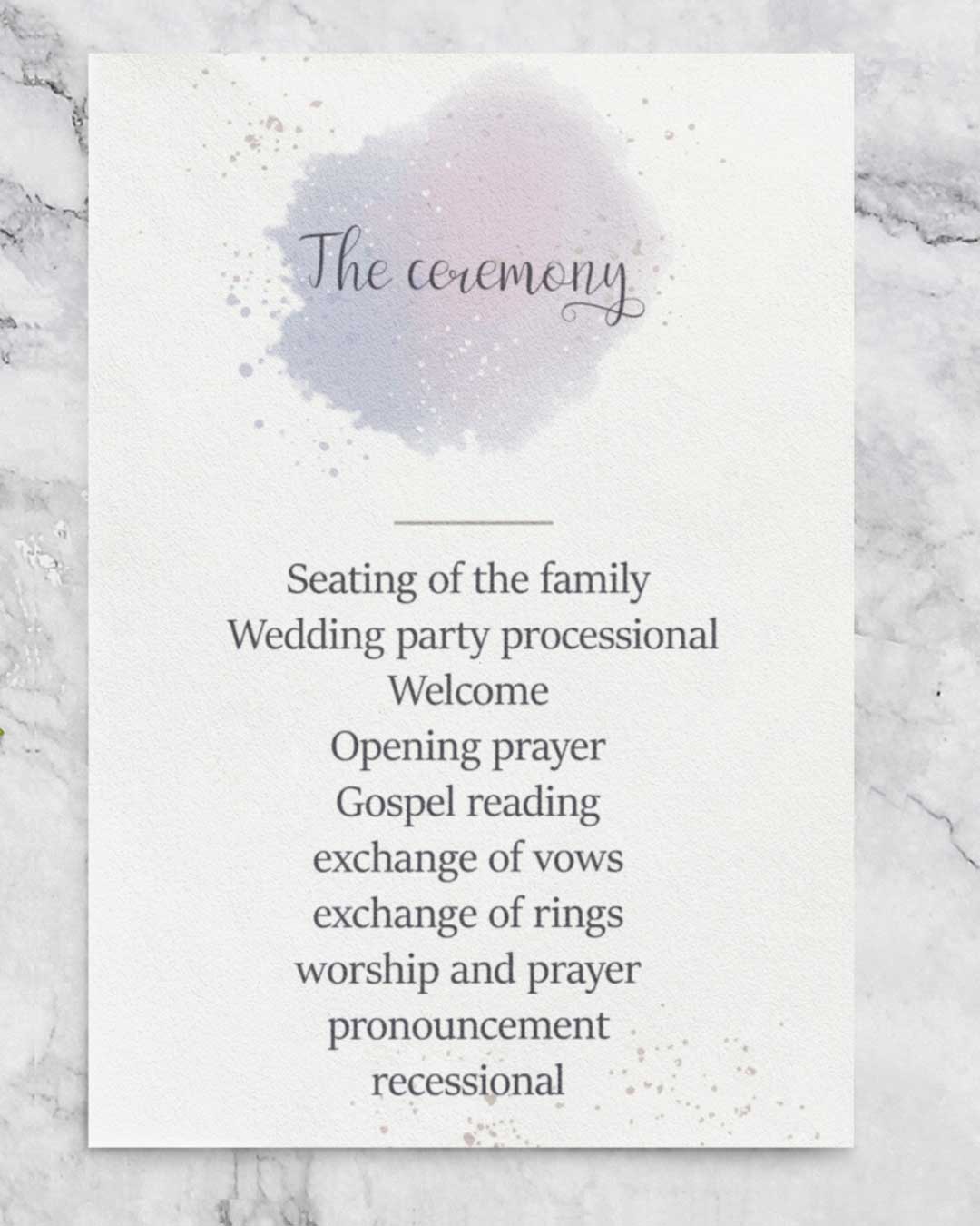 Splashes And Purple Watercolor Wedding Program Cards