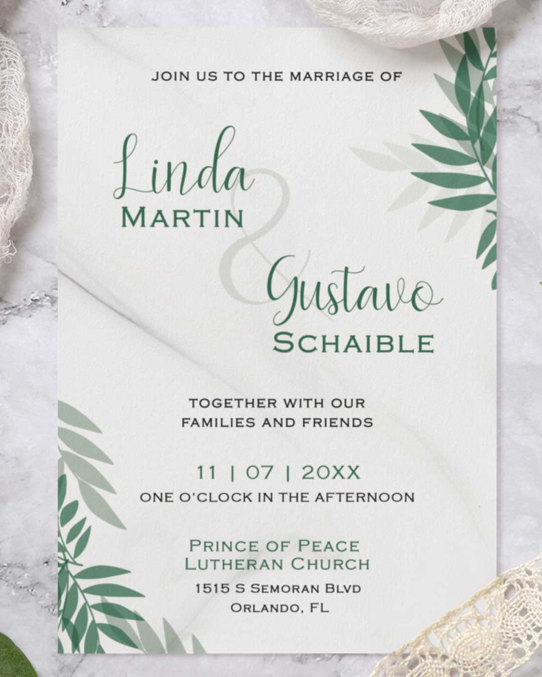 Green Tropical Leaves Simple Flat 5x7 Wedding Invitation