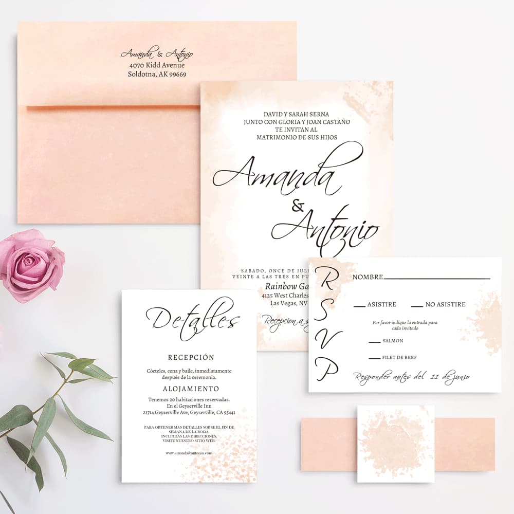 Coral Peach Strokes Spanish & English Elegant Wedding Invitation