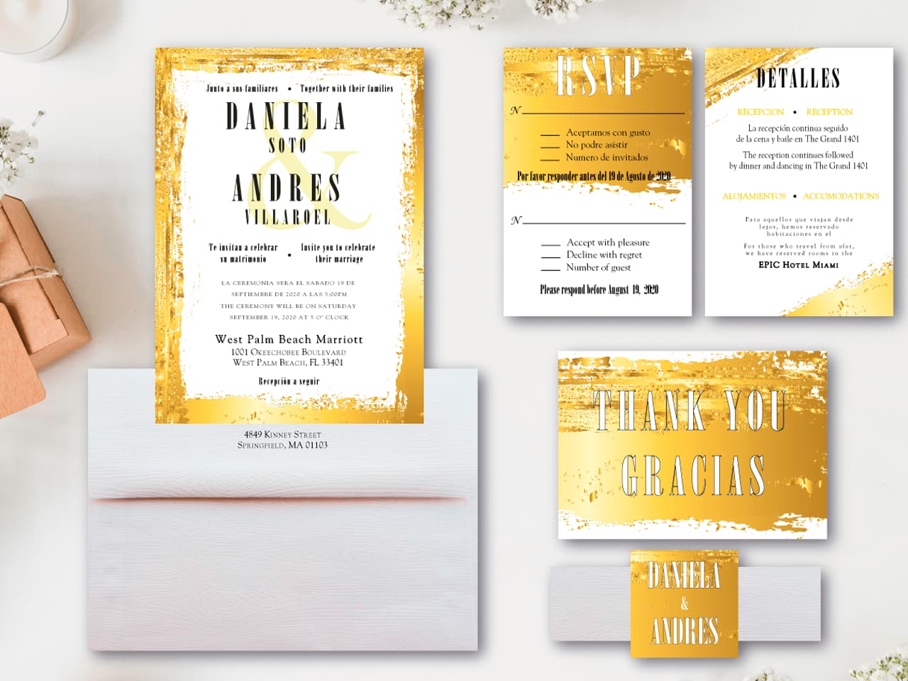 Golden Brush Strokes Spanish & English Elegant Wedding Invitation