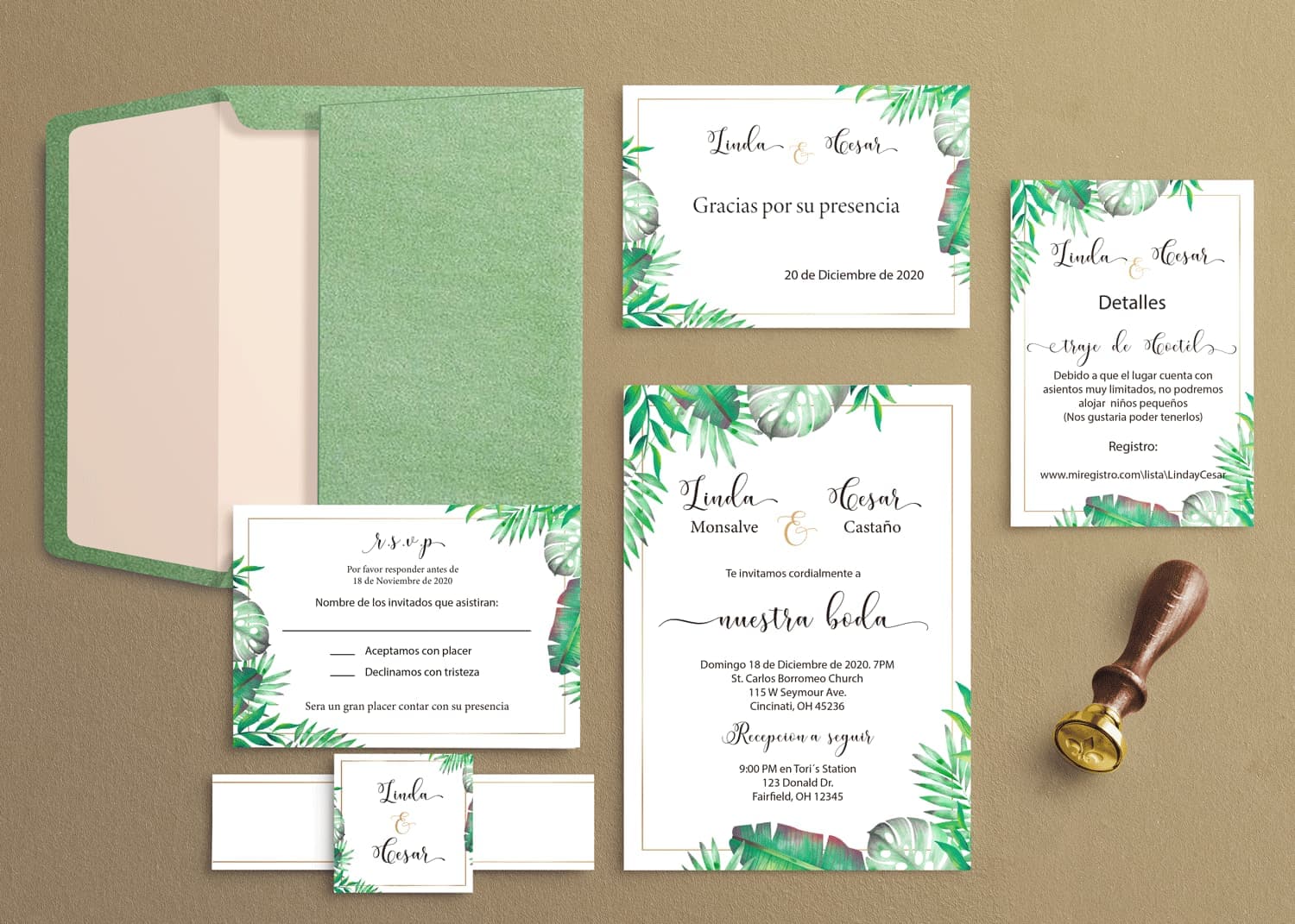 Tropical Green Leaves Spanish & English Elegant Wedding Invitation