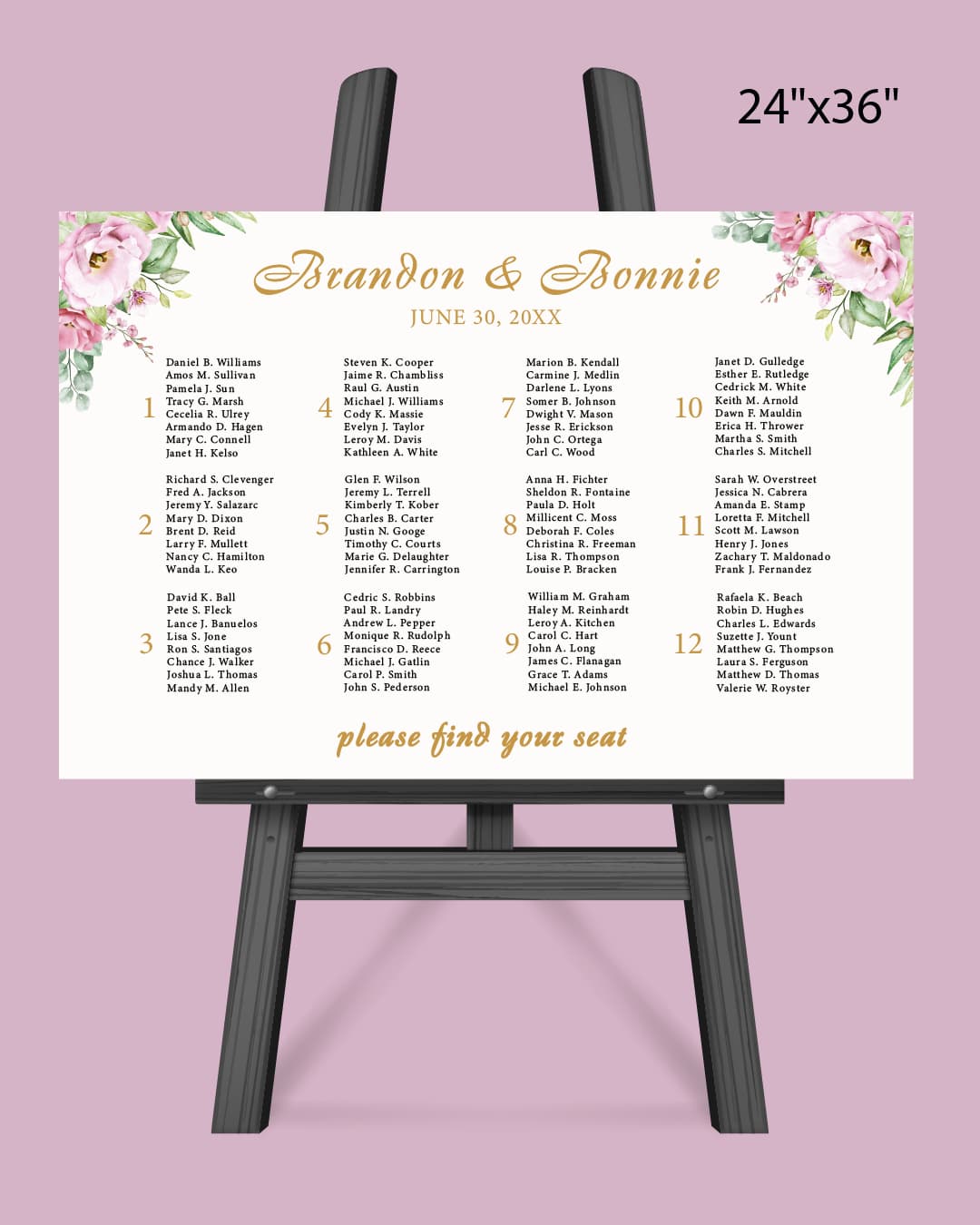 Golden Flowers Pink Seating Chart