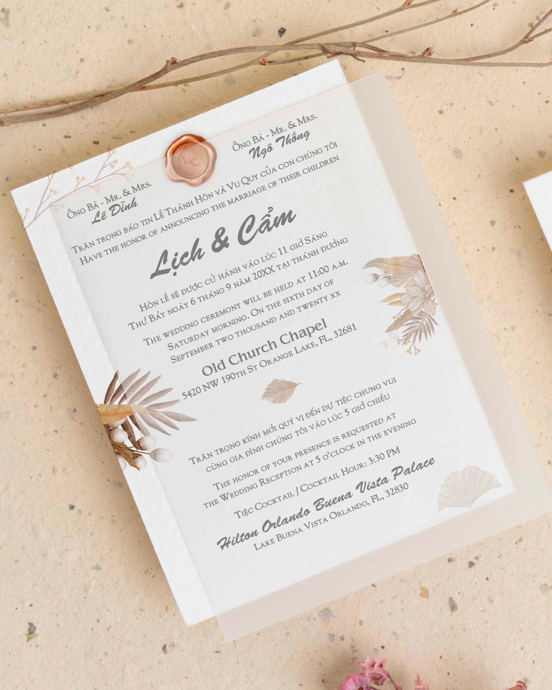 Boho Brown Branches Vellum Wrapped Vietnamese & English Wedding Invitation