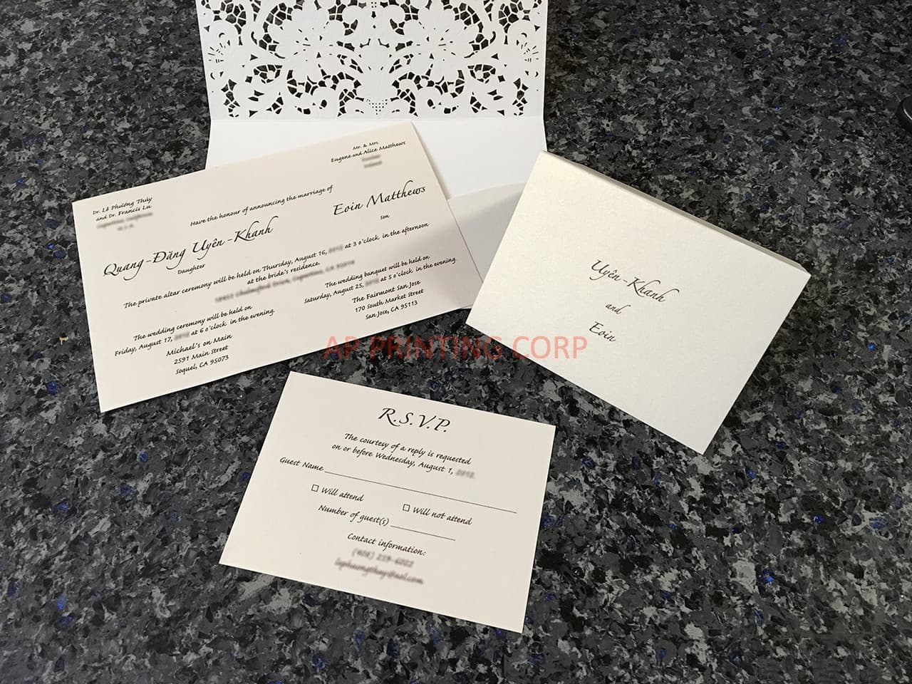 Gold Heart Flourish Pocket Laser Cut Vietnamese & English Wedding Invitation