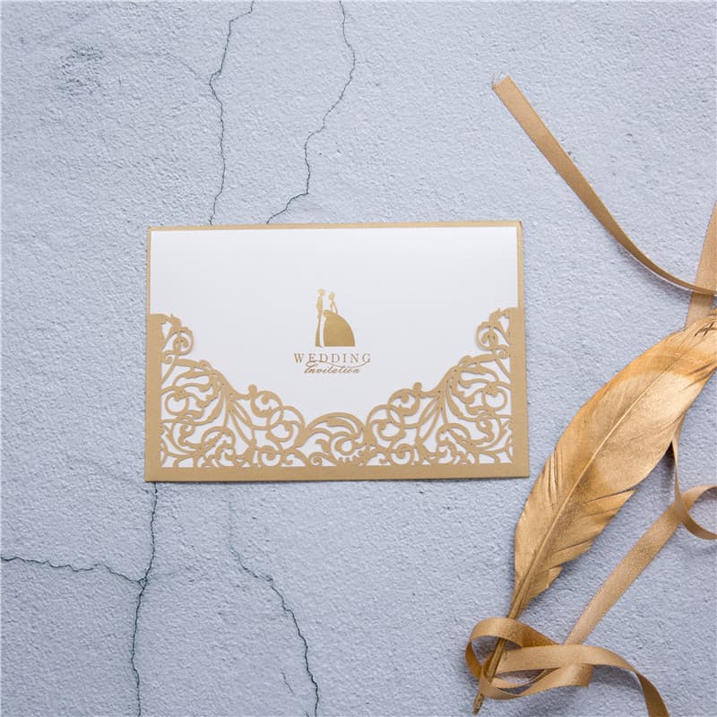CL-PF-57 MMM White Peacock Feather Pocket Laser Cut Wedding Invitation
