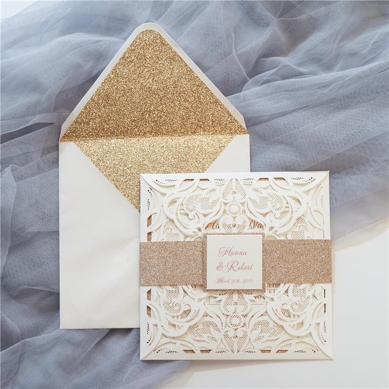 CL-PF-57 M-M White Heart Flourish Pocket Laser Cut Wedding Invitation