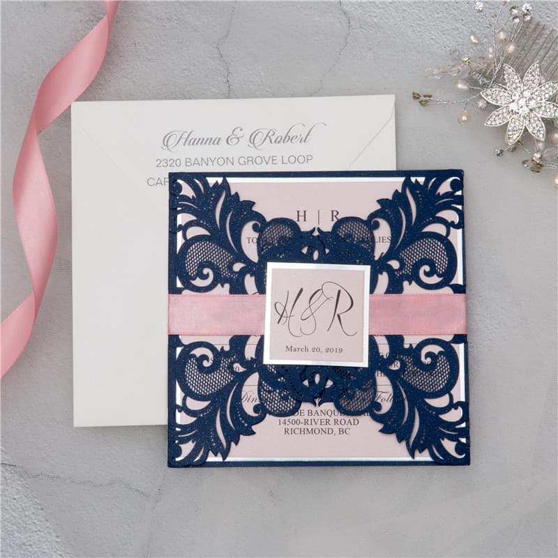 Metallic Gold Laser Cut Pocket with Ribbon Wedding Invitation