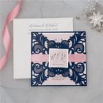 Metallic Gold Laser Cut Pocket with Ribbon Wedding Invitation