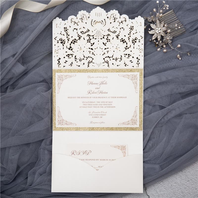 White Heart Diamond Drop Laser Cut Wedding Invitation