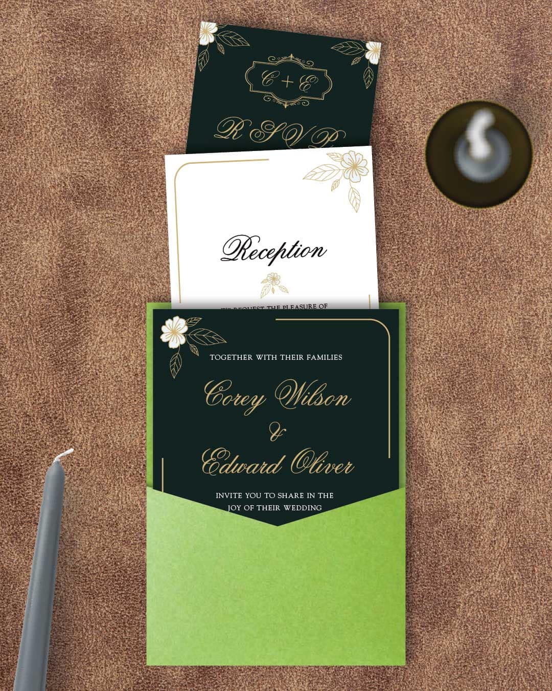 Green and Gold Elegant A7 Denali Pocket Wedding Invitation