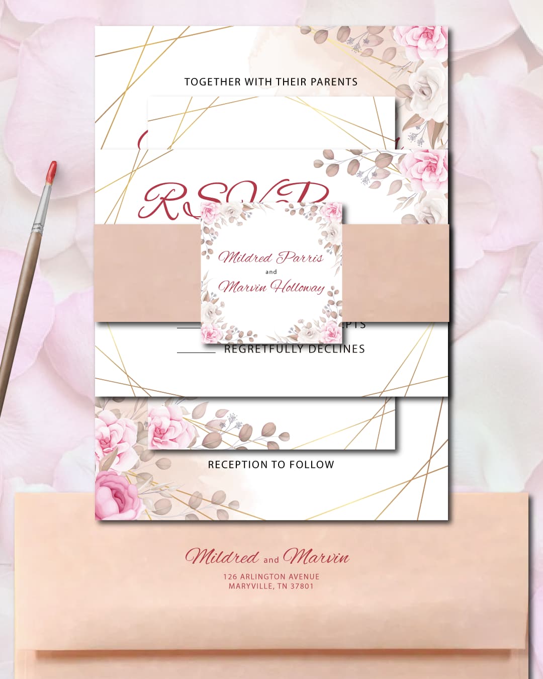 Inspirational Pink Flowers Simple Flat 5x7 Wedding Invitation