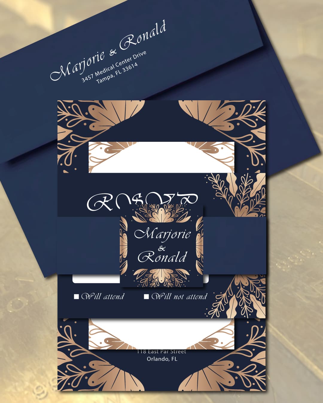 Gold Plated Leaves Simple Flat 5x7 Wedding Invitation