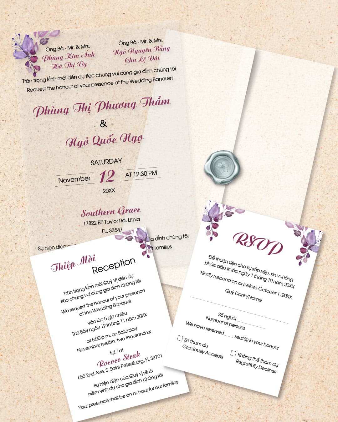 Purple Text and Leaves Vellum Wrapped Vietnamese & English Wedding Invitation