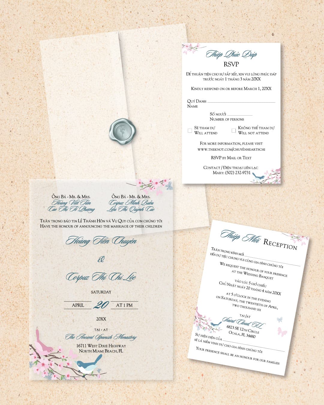 Invitation Birds Vellum Wrapped Vietnamese & English Wedding Invitation