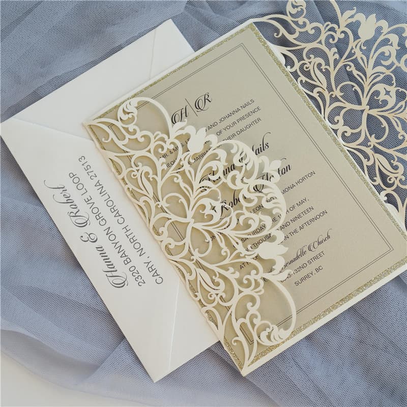 CL-WRAP-57 M-M Ivory Lotus Seeds Laser Cut Wedding Invitation