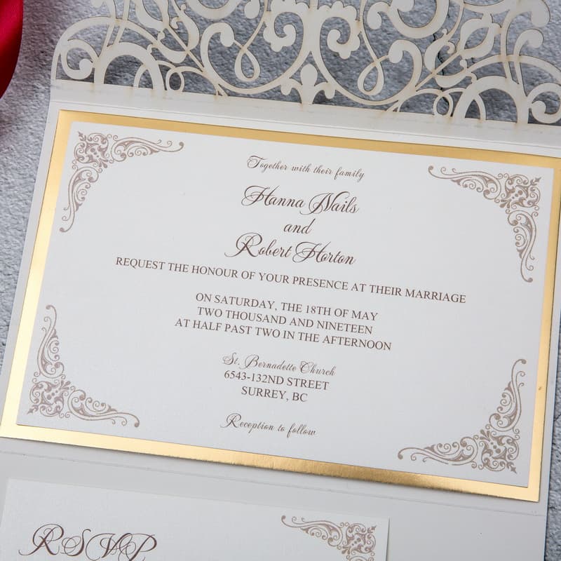 Gold Foil Damask Laser Cut Pocket Wedding Invitation