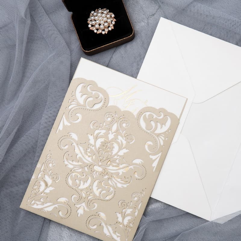 Ivory Laser Cut Floral Wrap Wedding Invitation