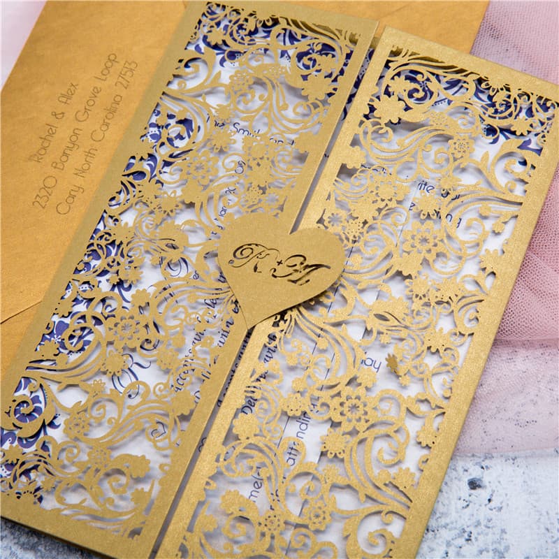 Silver Floral Tri-Fold Laser Cut Pocket Wedding Invitation
