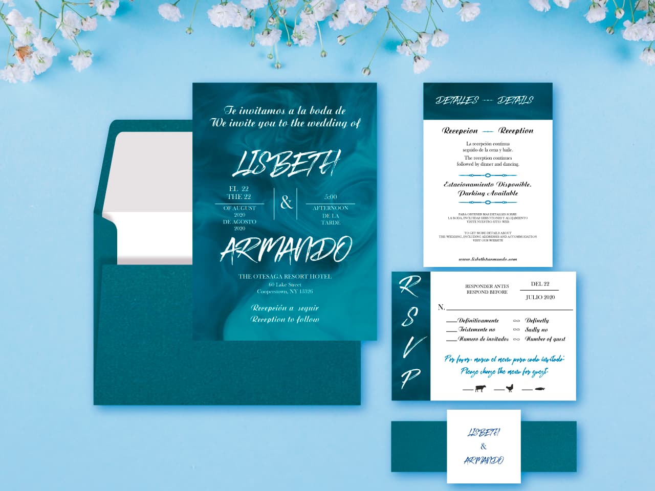 Blue Marble Spanish & English Elegant Wedding Invitation