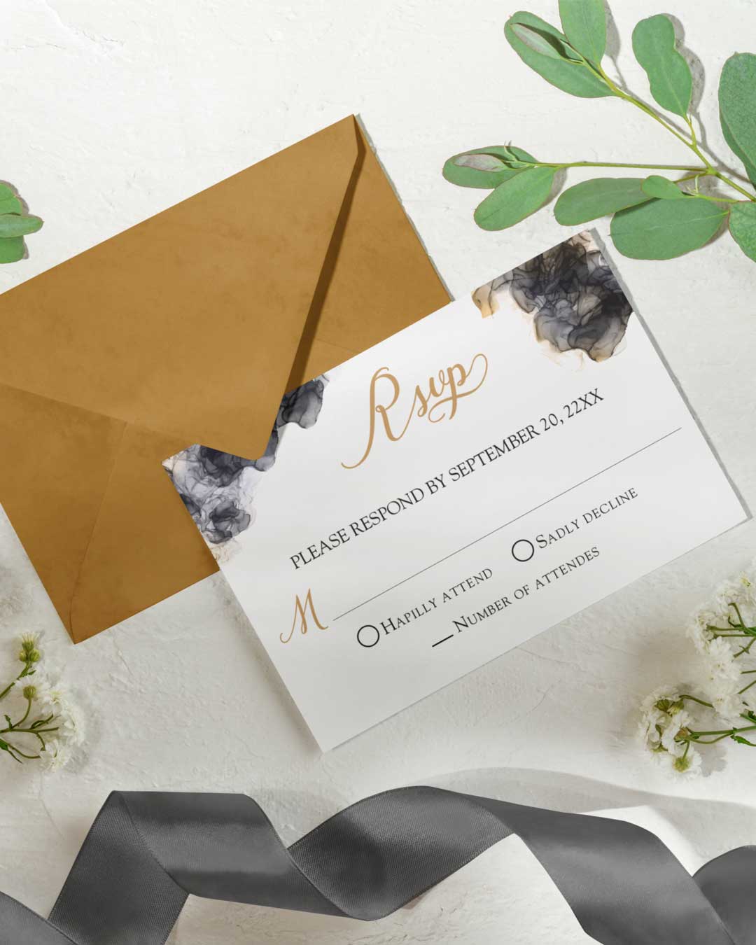 Refined Black Floral Simple Flat 5x7 Wedding Invitation