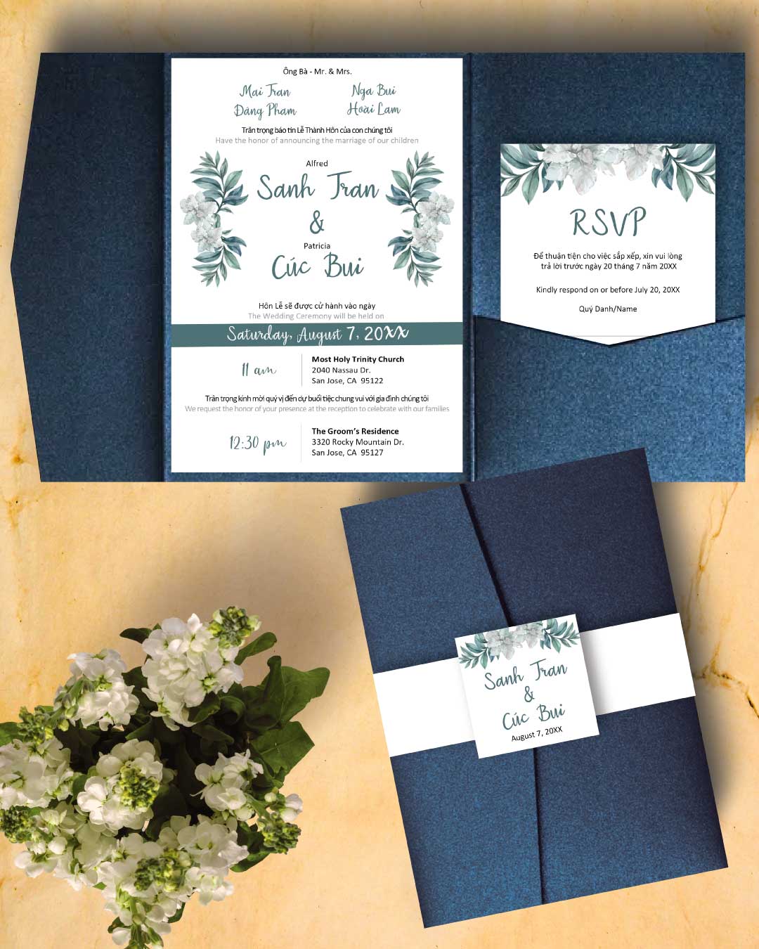Design A Lot Of Turquoise A7 Himalaya Pocket Vietnamese & English Wedding Invitation
