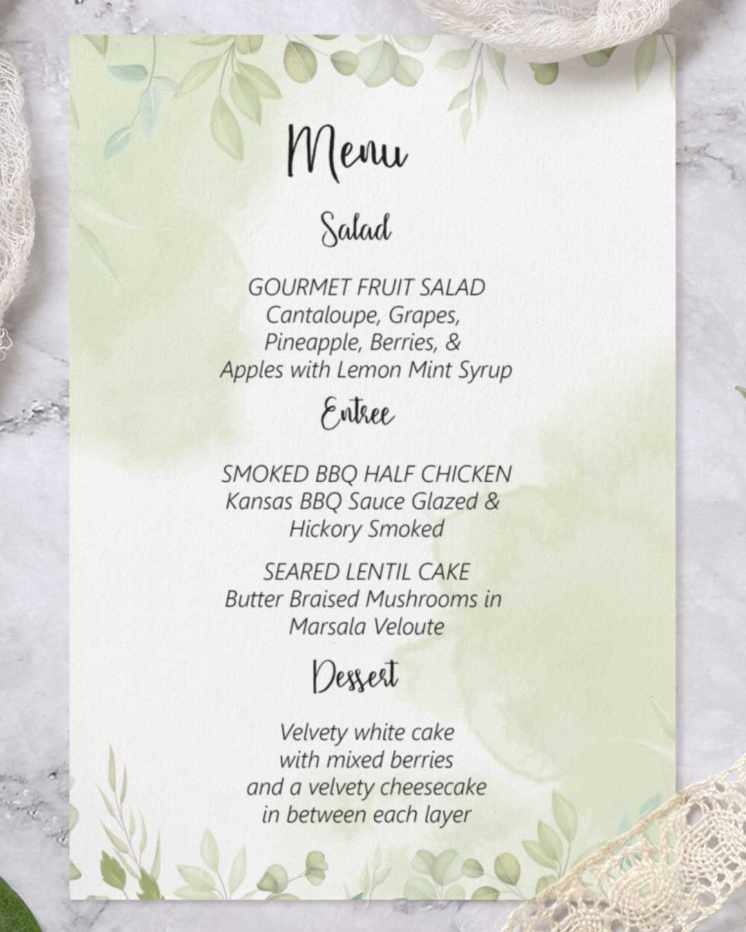 Beautiful Watercolor Leaves Wedding Menu Cards