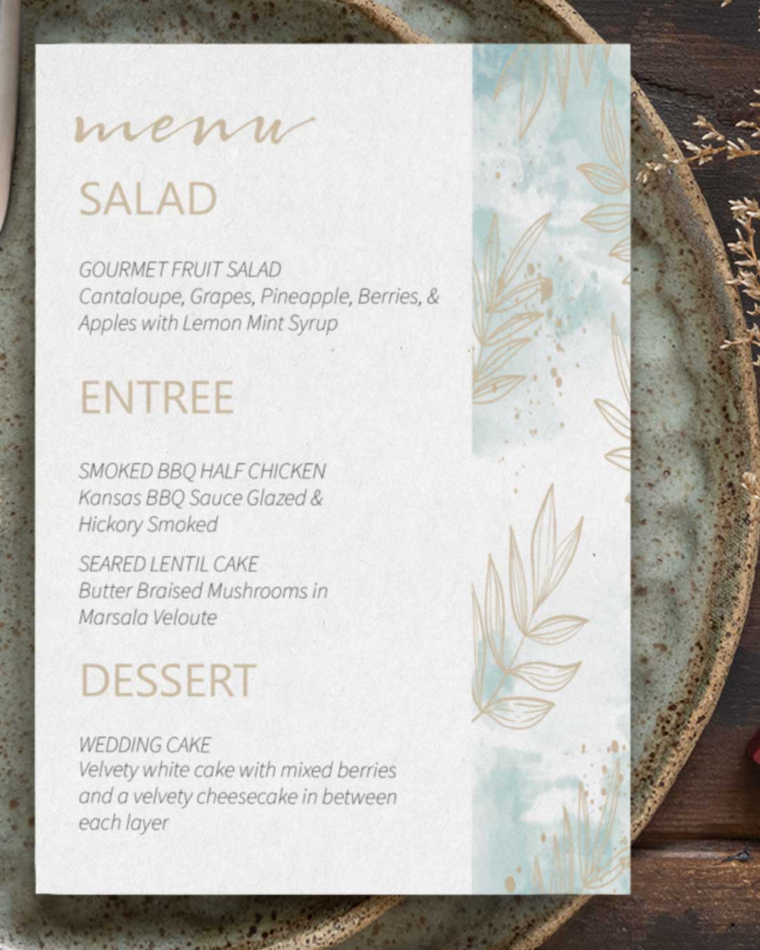 Gold Eucalyptus Designs Wedding Menu Cards
