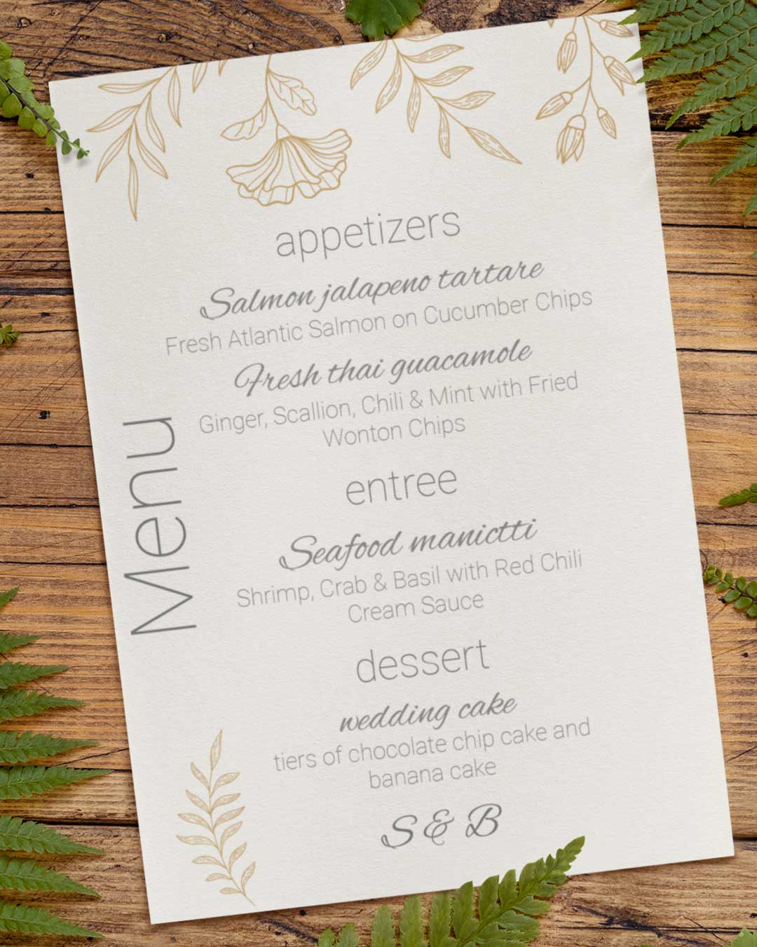 Gold Ferns Desing Wedding Menu Cards