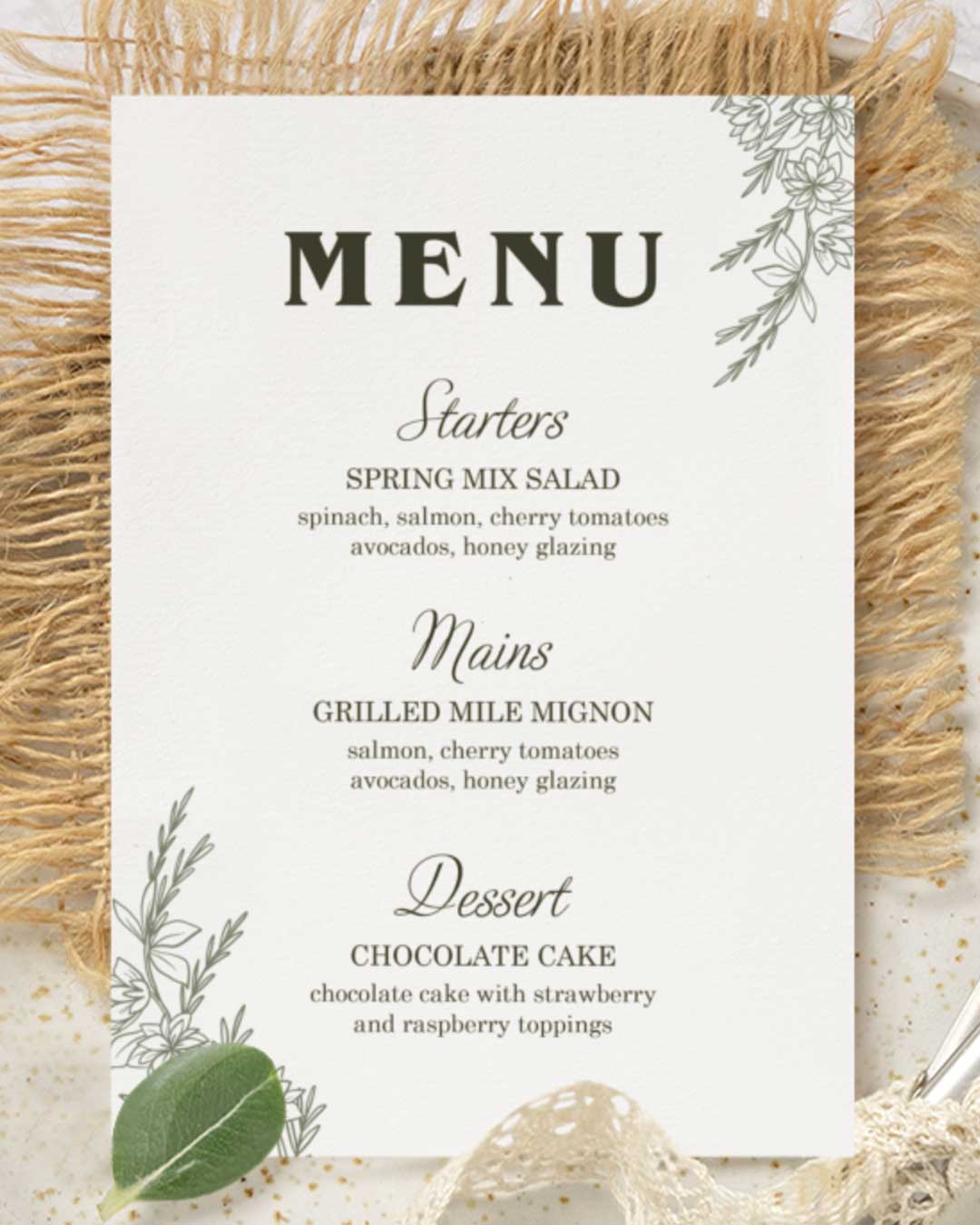 White and Green Garden Wedding Menu Cards