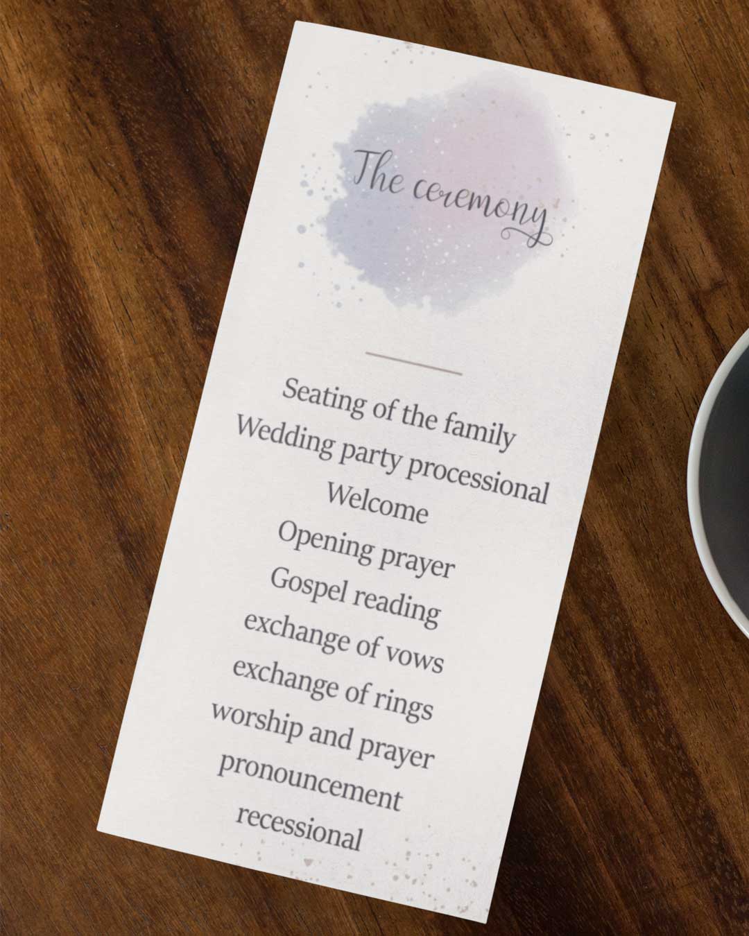 Splashes And Purple Watercolor Wedding Program Cards