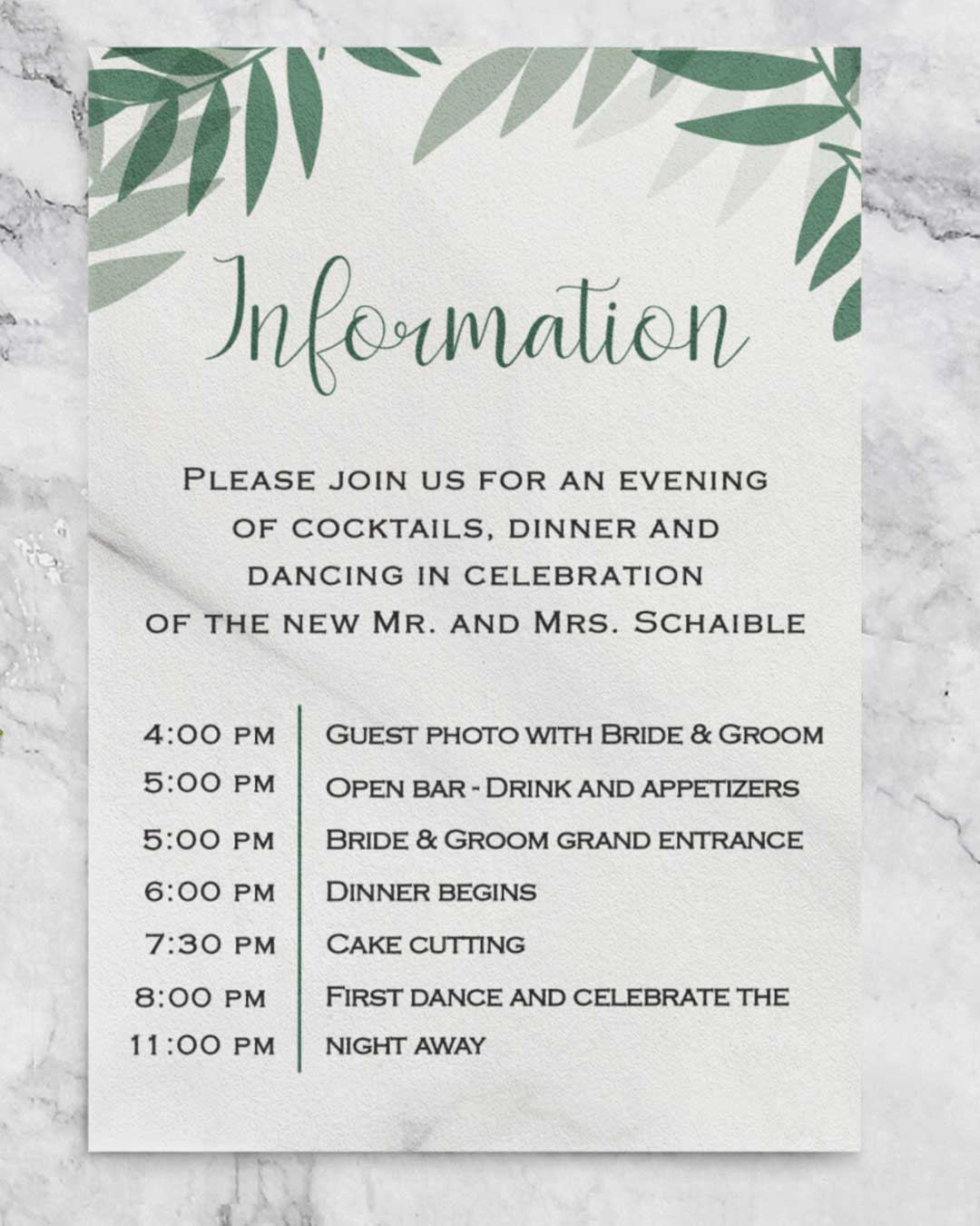 Green Tropical Leaves Simple Flat 5x7 Wedding Invitation