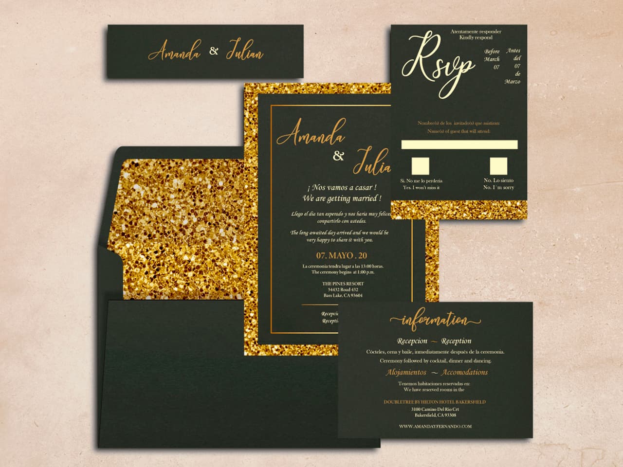 Classic Black White Gold Spanish & English Elegant Wedding Invitation