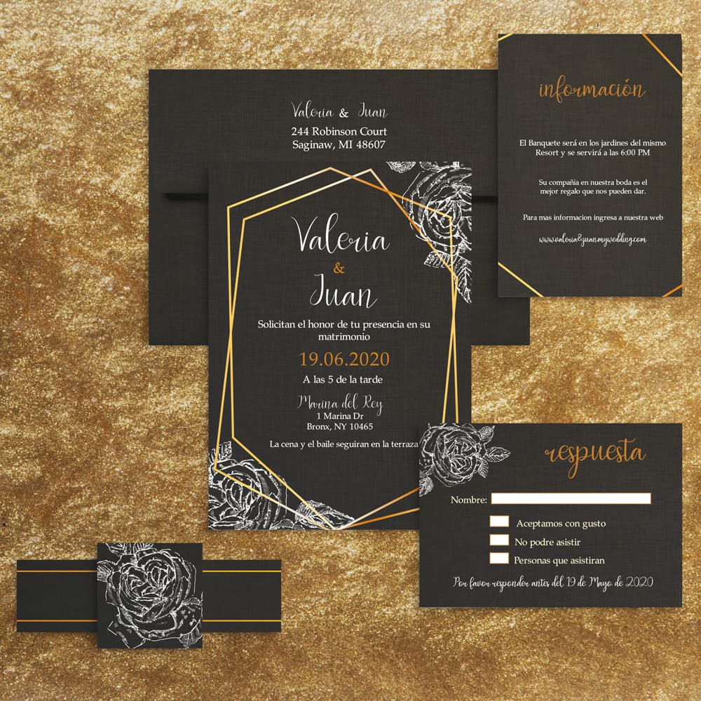 Gold Geometric and White Floral Spanish & English Elegant Wedding Invitation