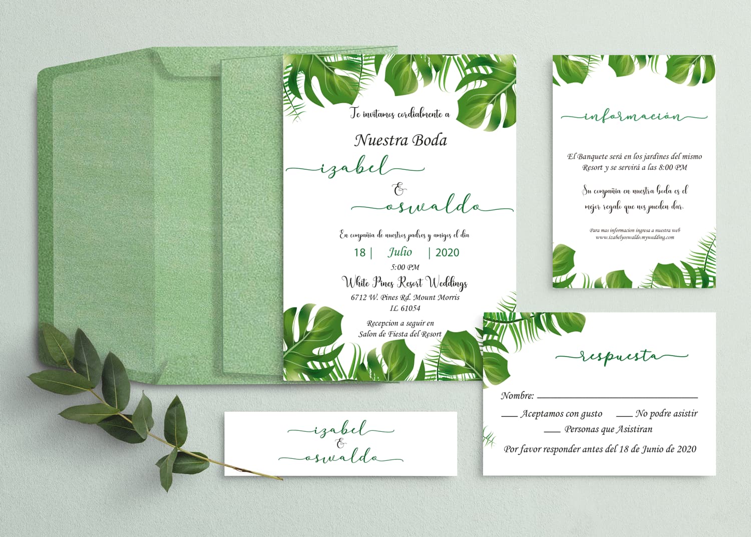 Monstera Green Leaves Spanish & English Elegant Wedding Invitation