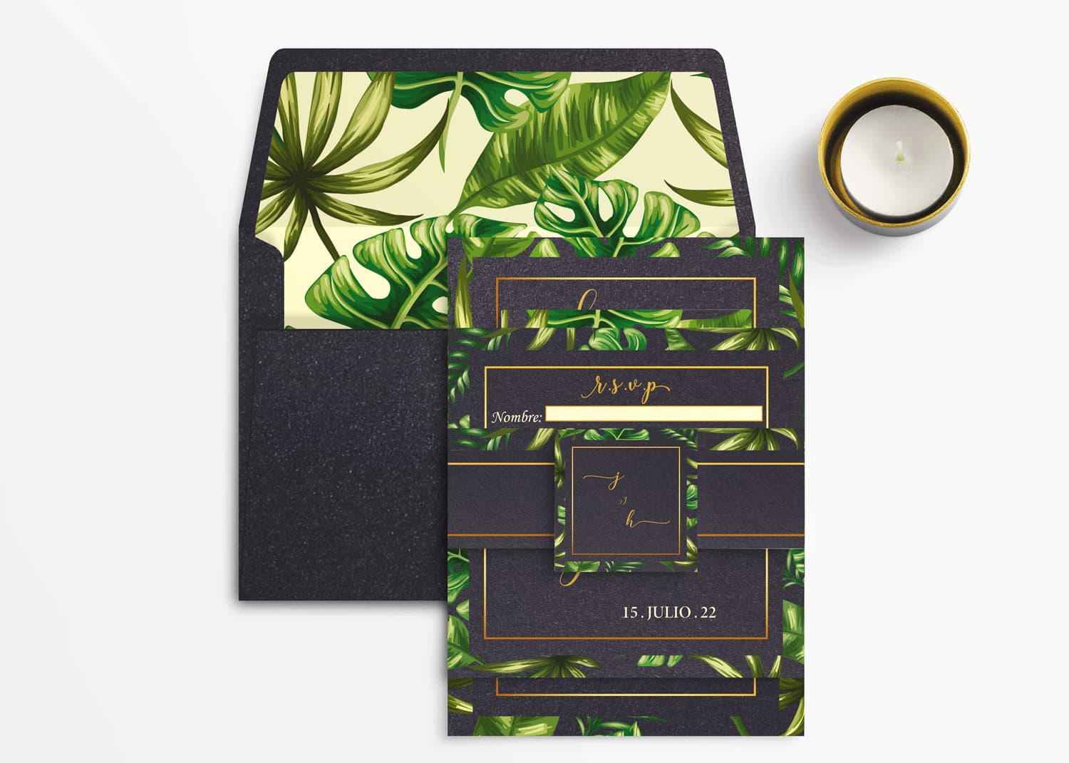 Monstera Leaf with Gold Border Spanish & English Elegant Wedding Invitation