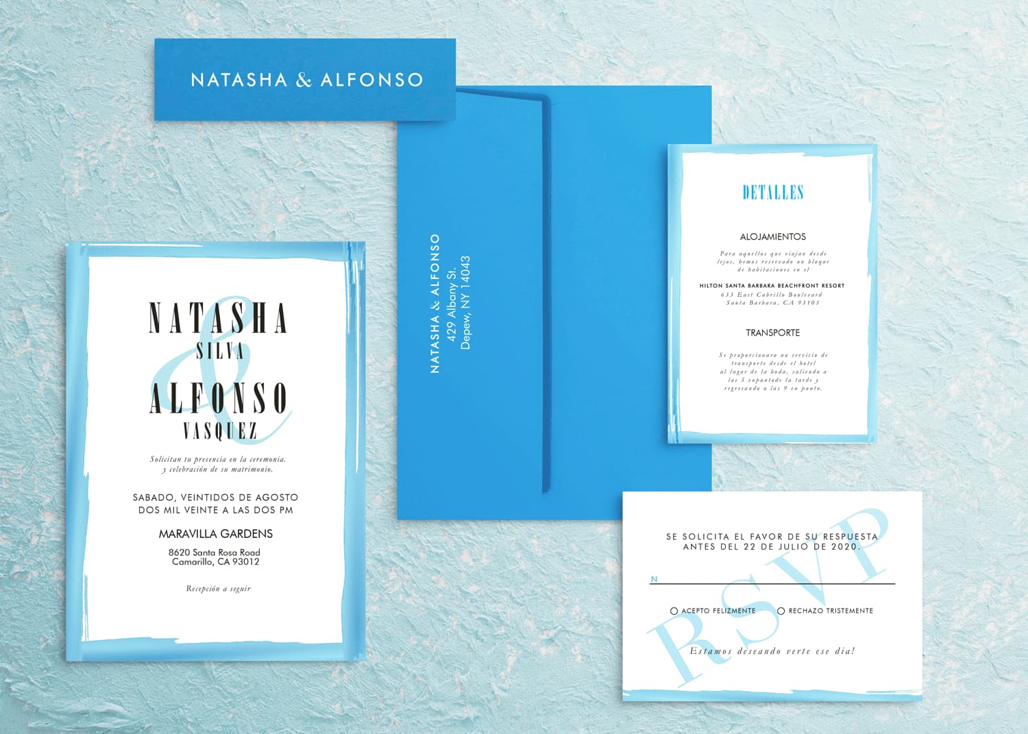 Painted Blue Border Spanish & English Elegant Wedding Invitation